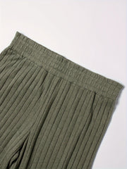 Wide Leg Trousers High Rise Solid Elastic Ribbed Casual Pants