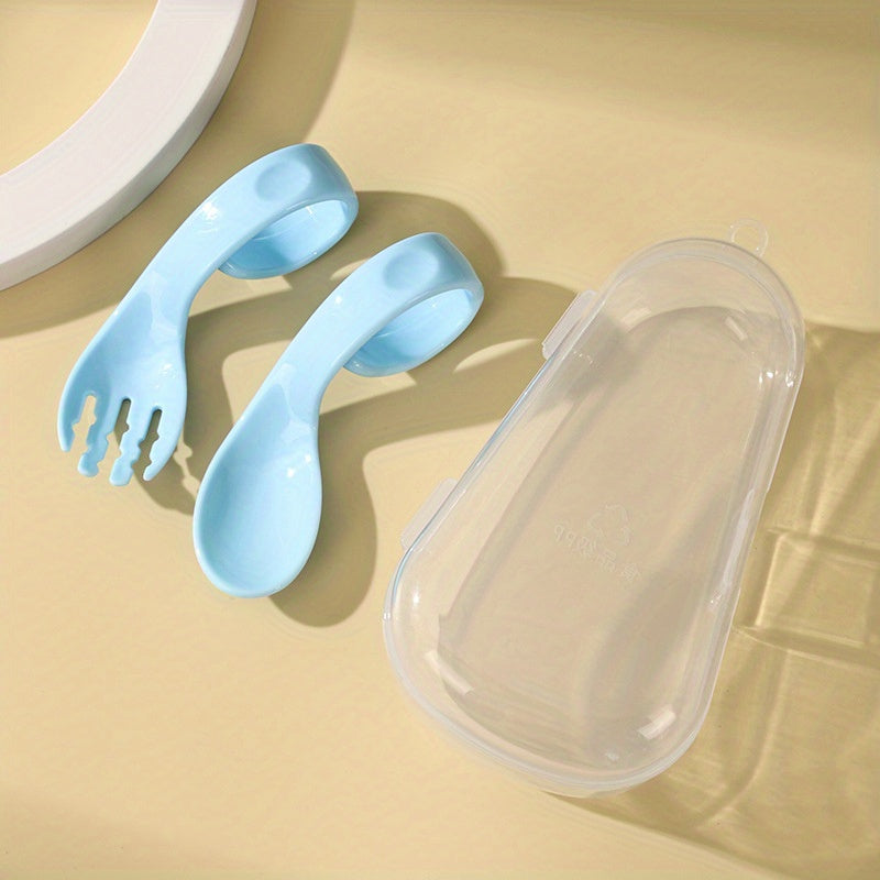 Kids Training Spoon Curved Handle Fork Spoon Set with Storage Box