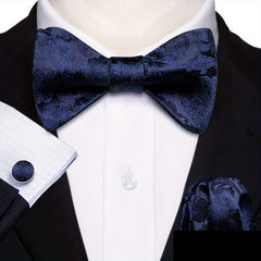 Barry Wang Bow Tie Set Golden Jacquard Floral Self-Tie Bowtie Pocket Square Cuff