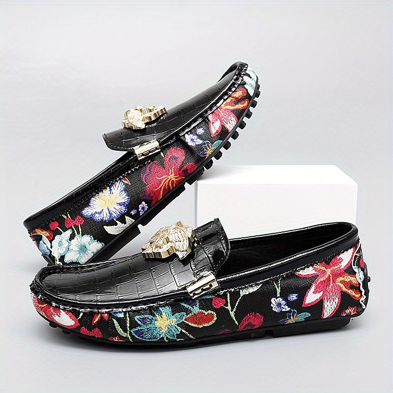 Men's Floral Slip On Loafers Metal Decor Rubber Sole Shoes