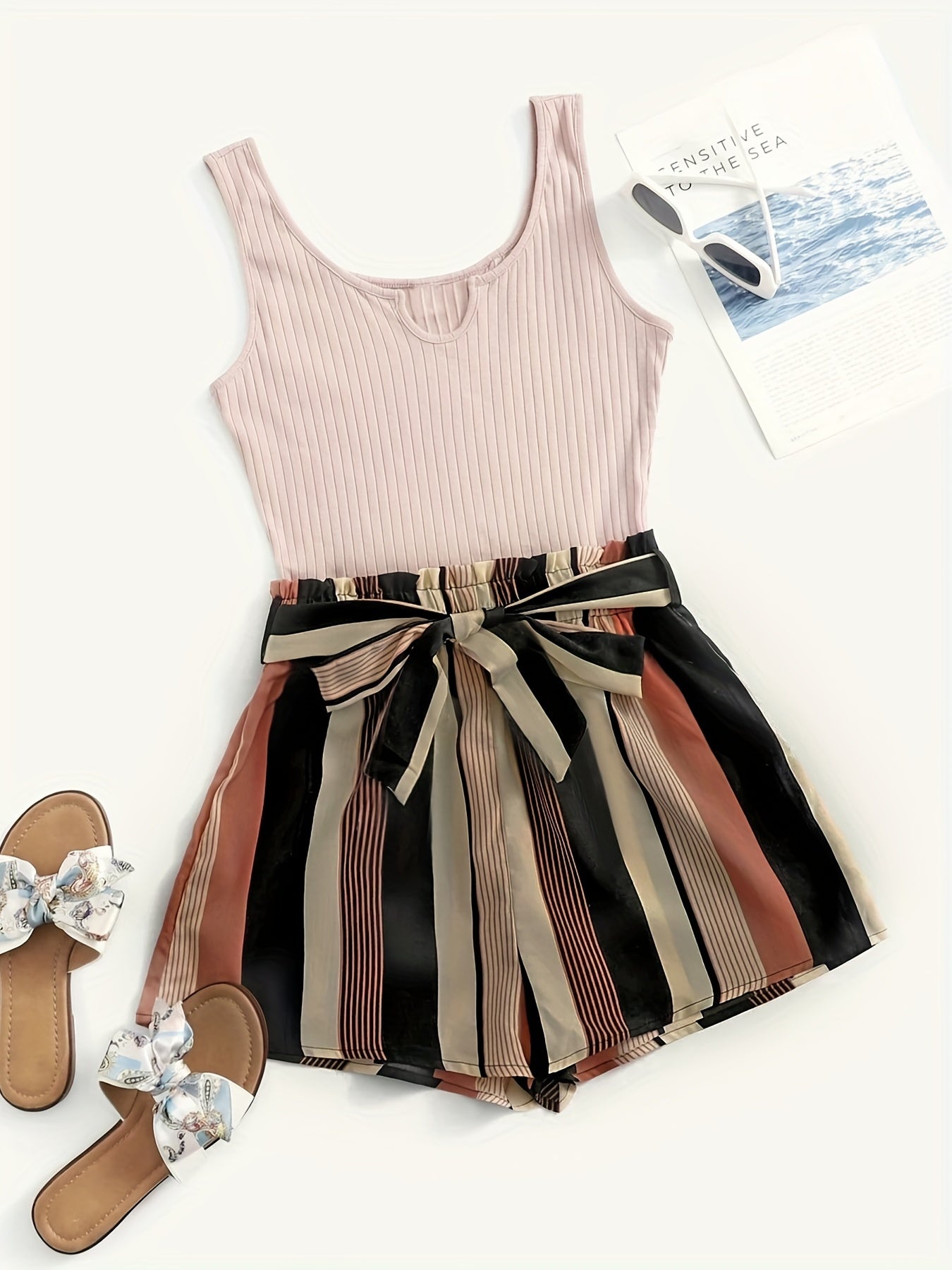 Stripe Print Belted Romper Jumpsuit Casual Sleeveless Tank Romper Jumpsuit