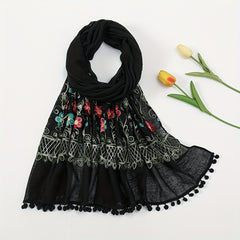 Vintage Flower Embroidery Scarf Boho Tassel Shawl Classic Head Wraps Women Hijab
