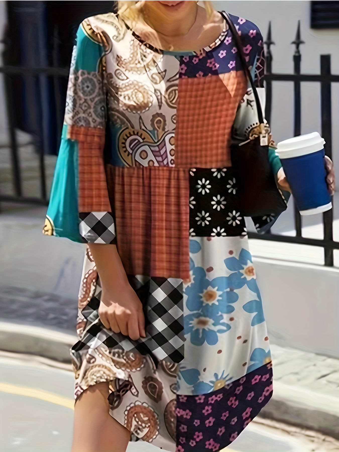  Boho Dress Womens Paisley & Scarf Print Bell Sleeve Dress