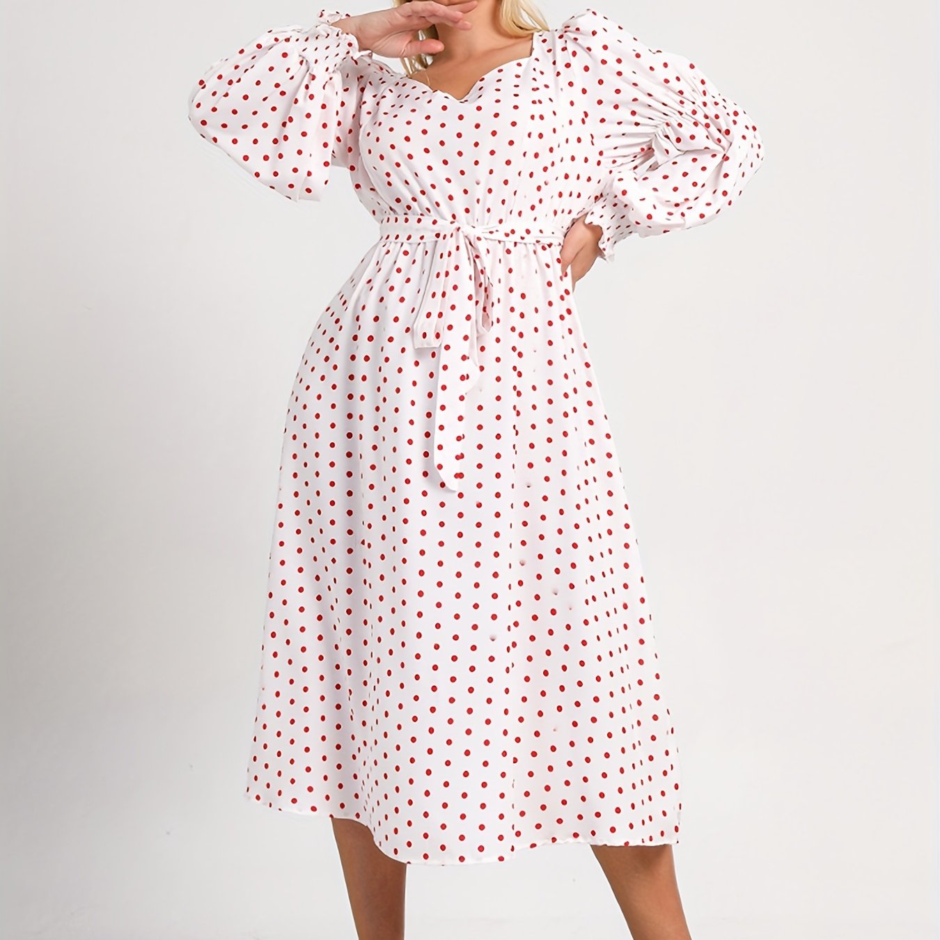  Boho Dress Polka Dot Sweetheart Neck Dress