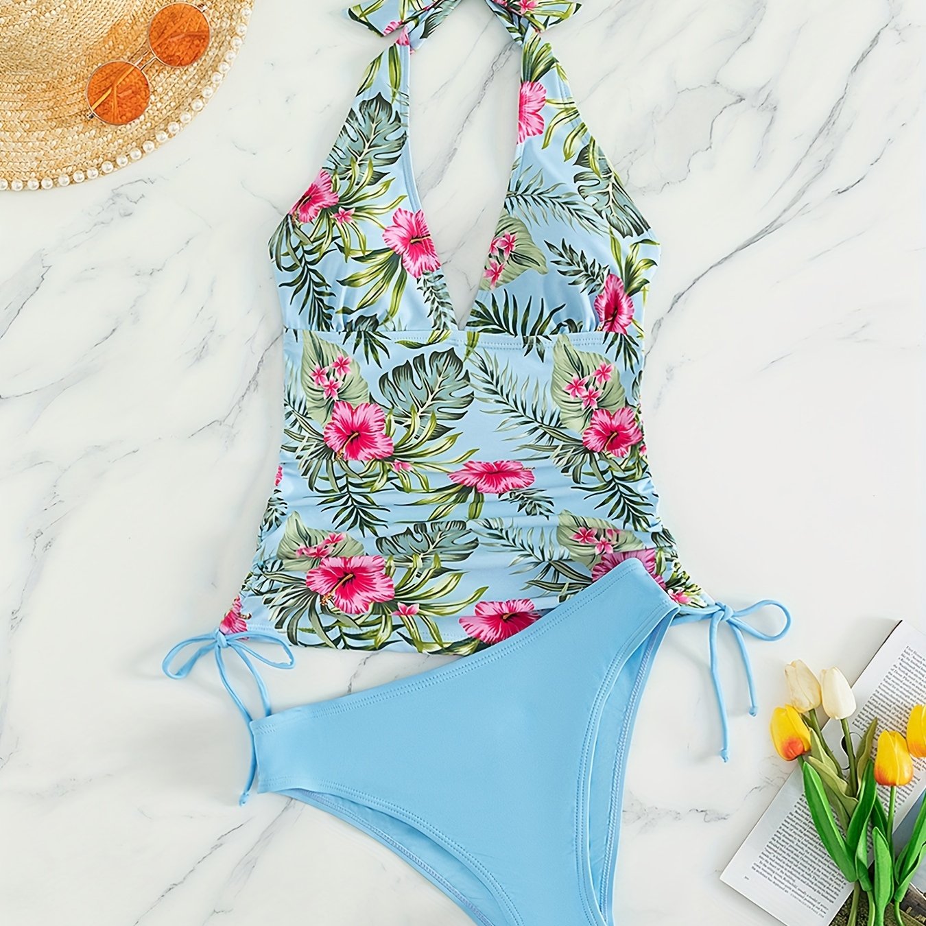 Tropical Print Tankini Set Drawstring Tie Swimsuit