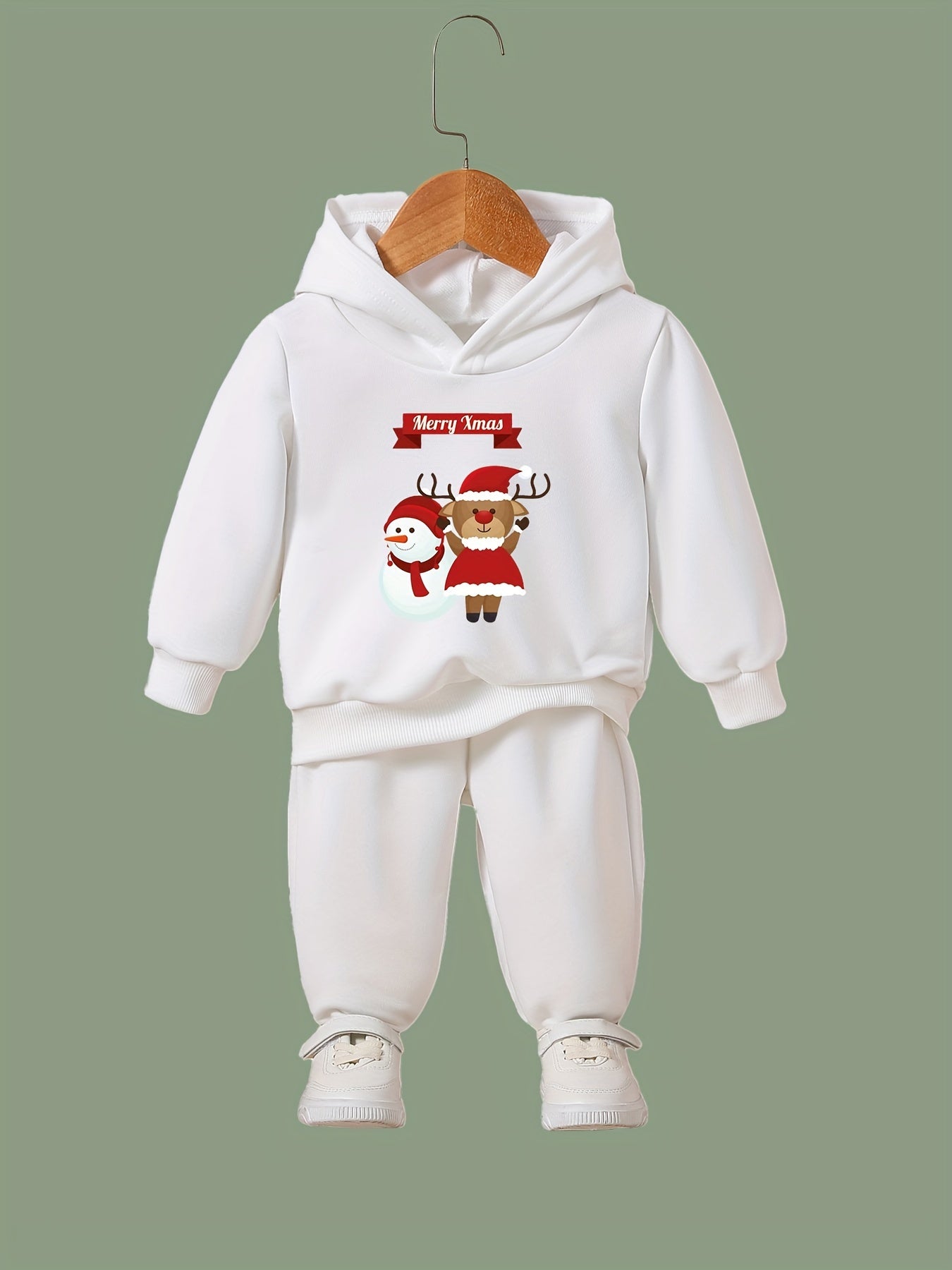 Reindeer Snowman Print Hoodie Jogger Pants Set for Girls Boys