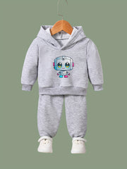Girls Robot Pattern Hooded Sweatshirt & Sweatpants Set