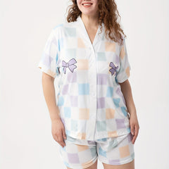  Colorful Plaid & Bow Knot Print Pajama Set