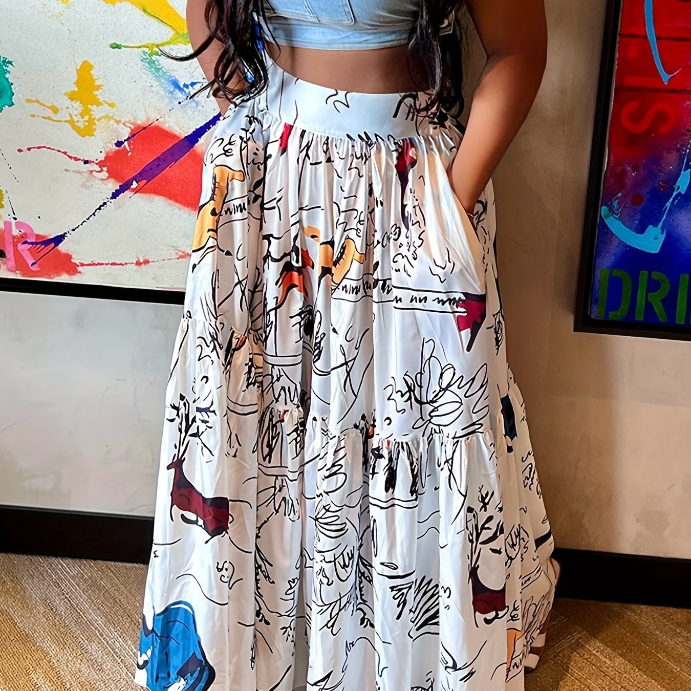  Graffiti Print High Rise Maxi Skirt with Pockets