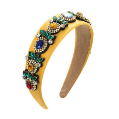Vintage Velvet Wide Headband with Crystal Beads Flower Hair Hoop
