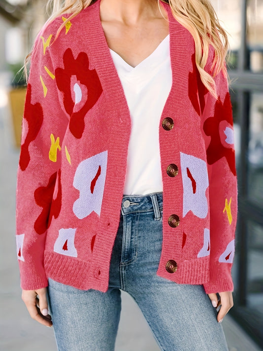  Floral Pattern Long Sleeve Button Up Cardigan