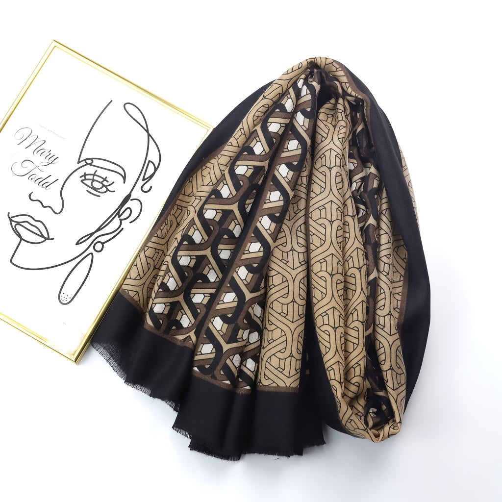 Geometric Ring Print Scarf Block Shawl Frayed Edge Windproof Head Wrap