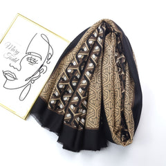 Geometric Ring Print Scarf Block Shawl Frayed Edge Windproof Head Wrap