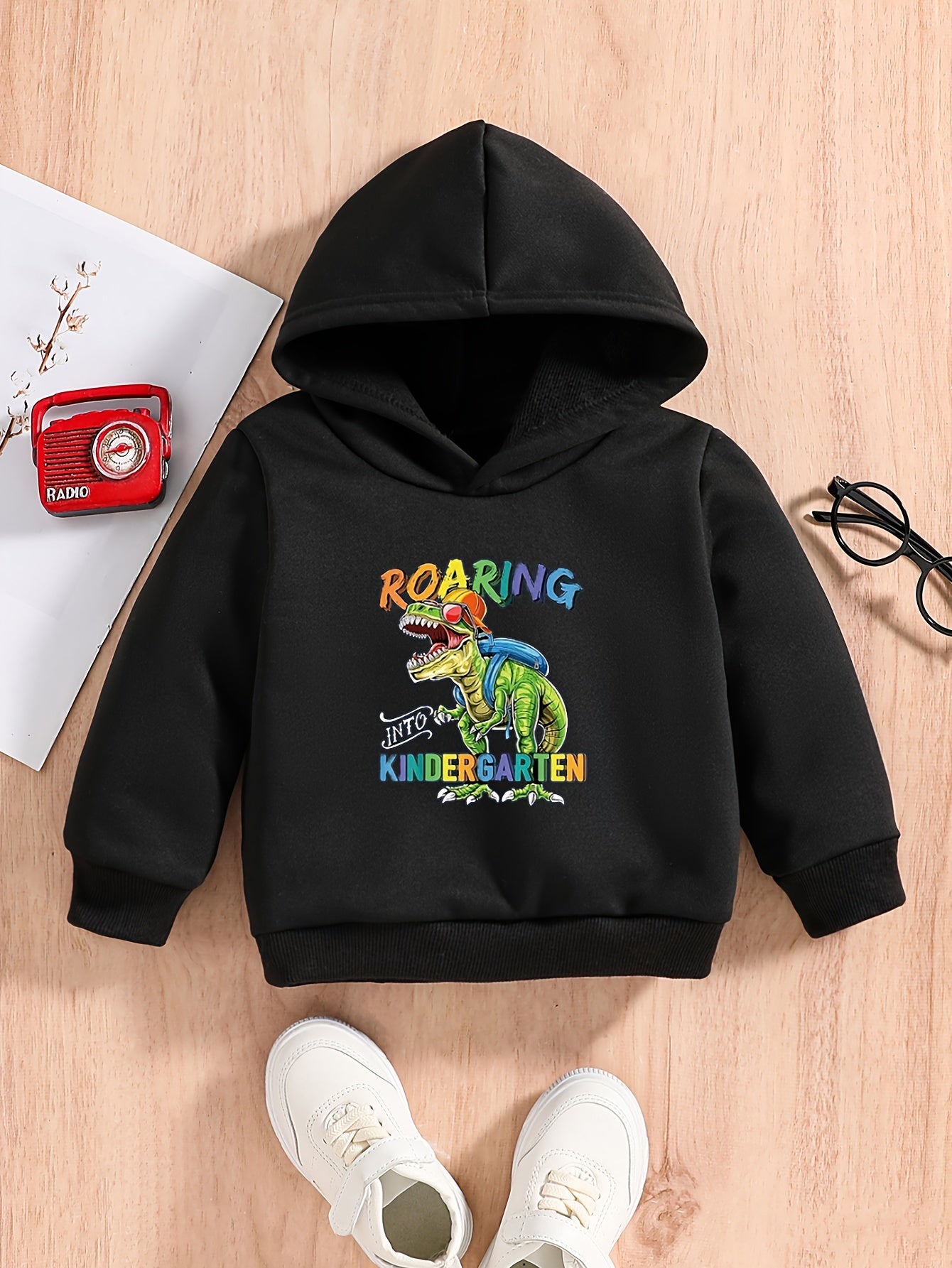 Dino Kindergarten Print Baby Boys Hooded Sweatshirt
