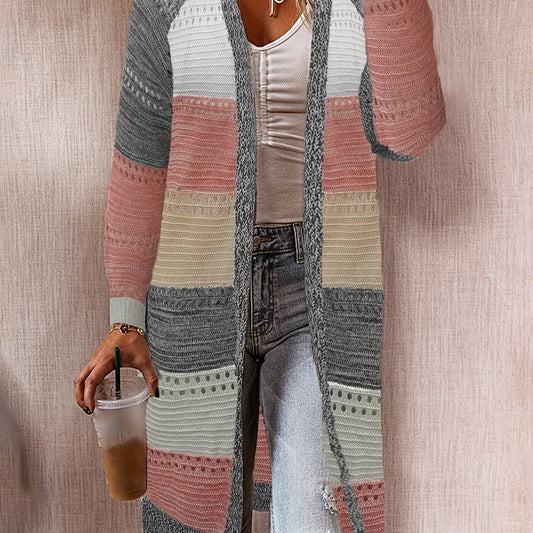  Colorblock Hollow Out Open Front Cardigan