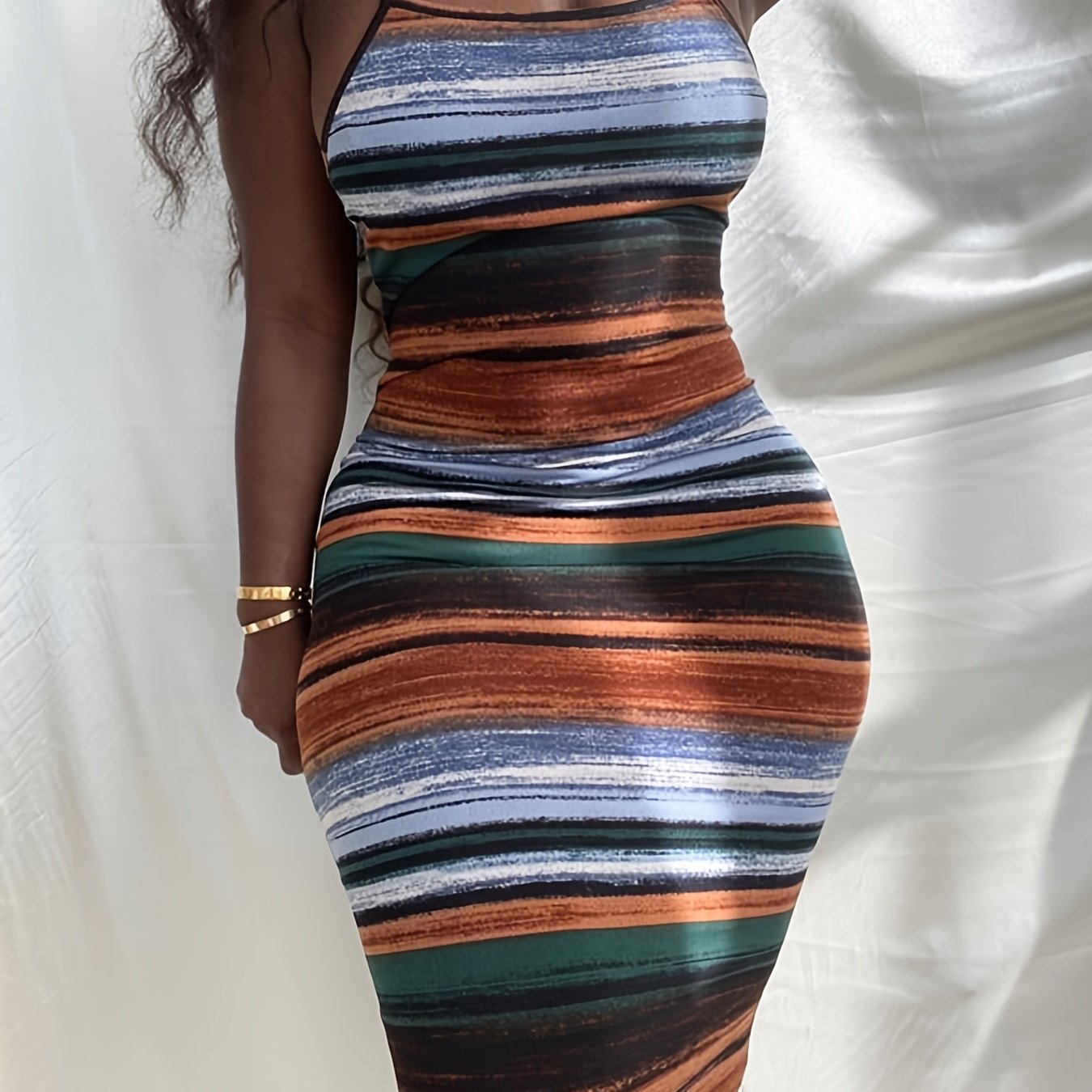  Striped Print Slim Fit Cami Dress Women's Plus Medium Stretch Sundress