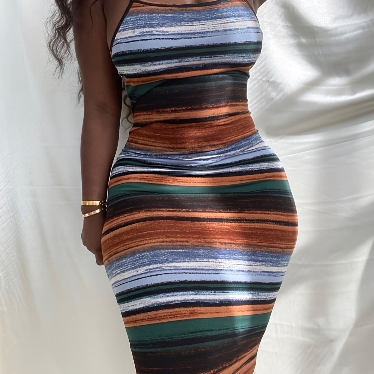  Striped Print Slim Fit Cami Dress Women's Plus Medium Stretch Sundress