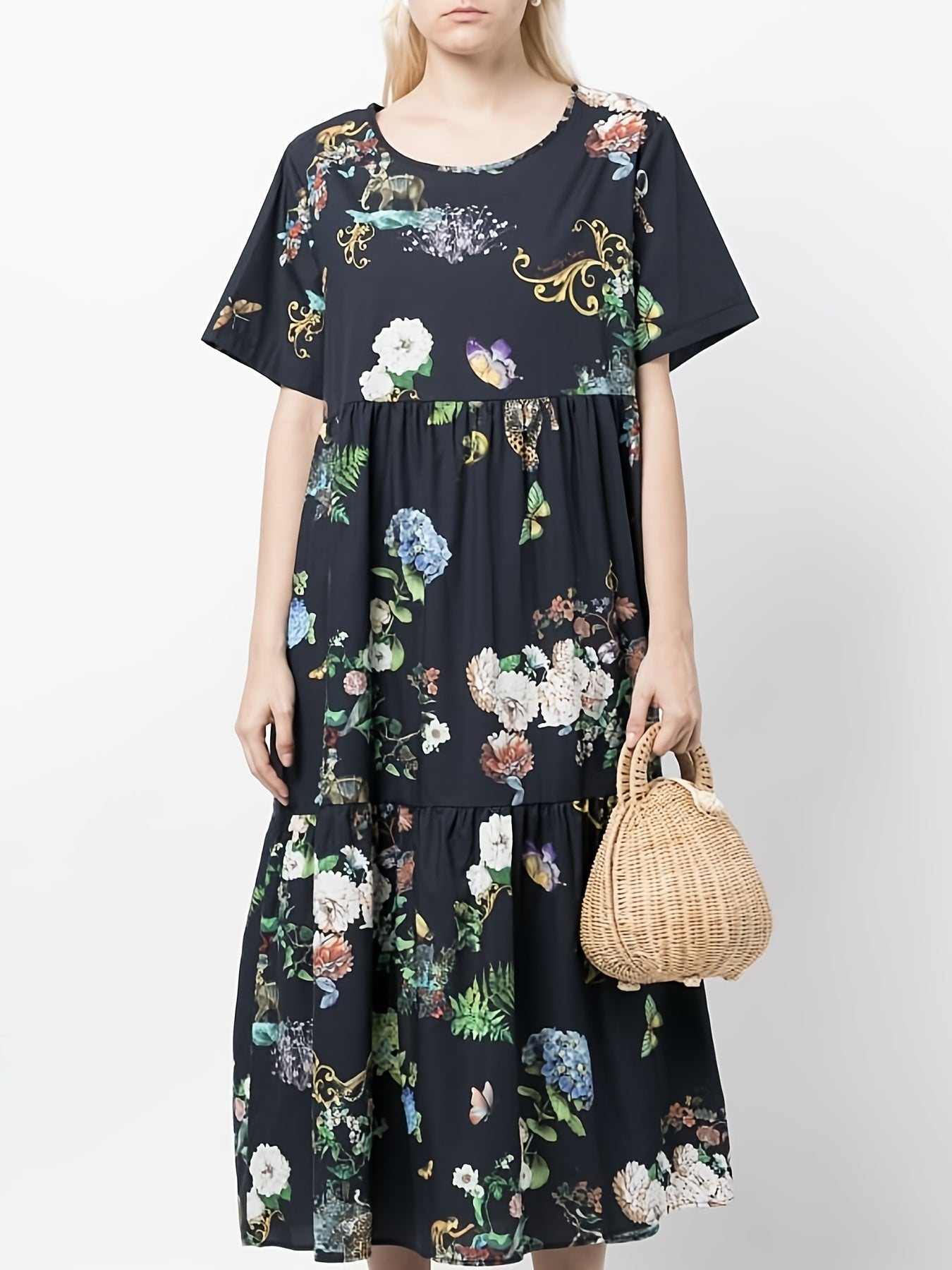 Plus Size Painting Print Smock Maxi Dress