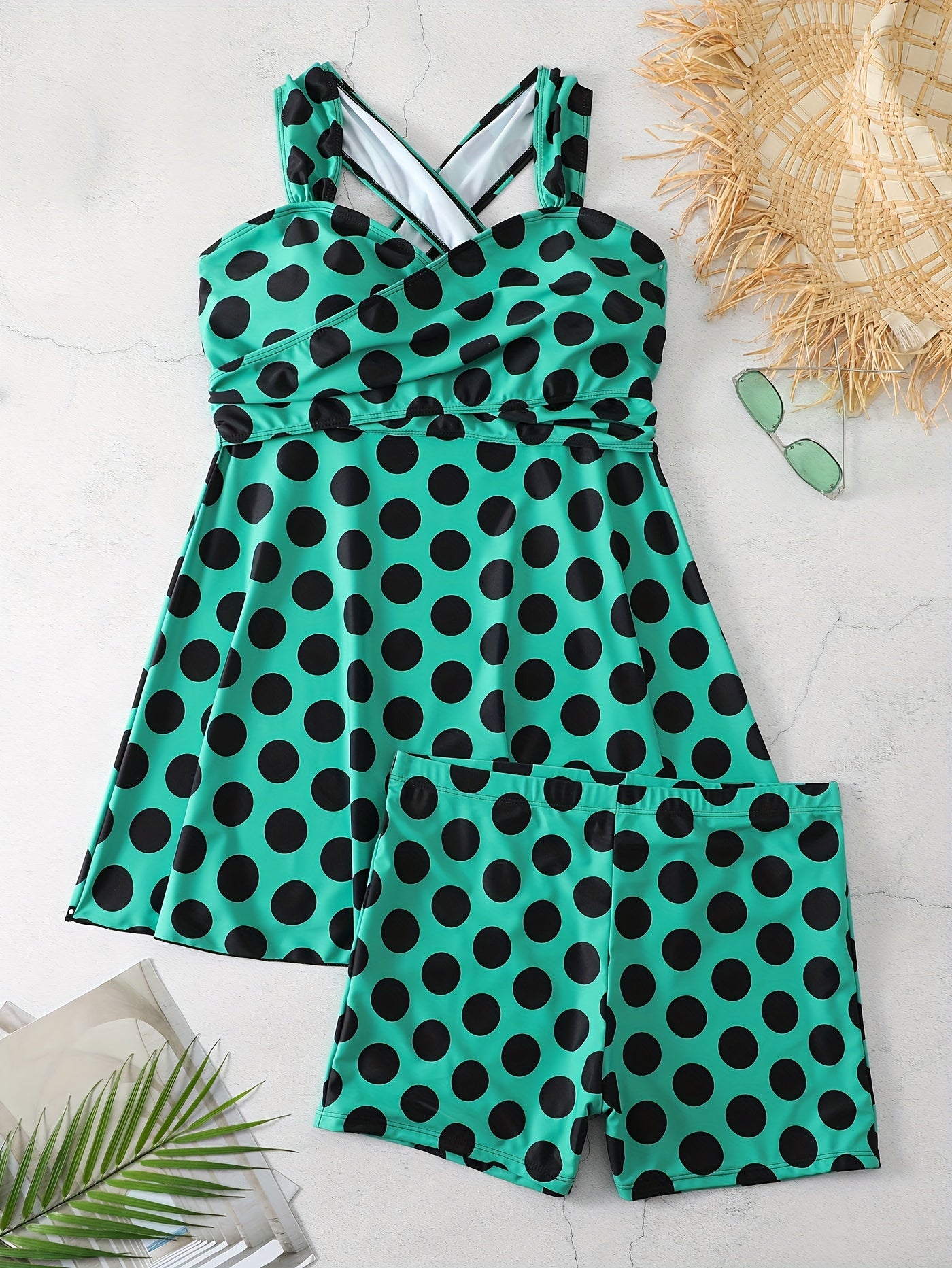  Tetro Tankini Set Polka Dot Print Dress & Shorts