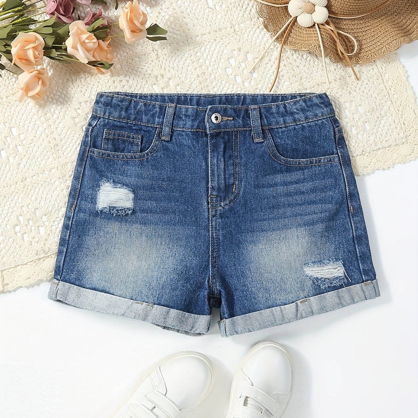 Girls' Ripped Roll Up Denim Shorts for Summer
