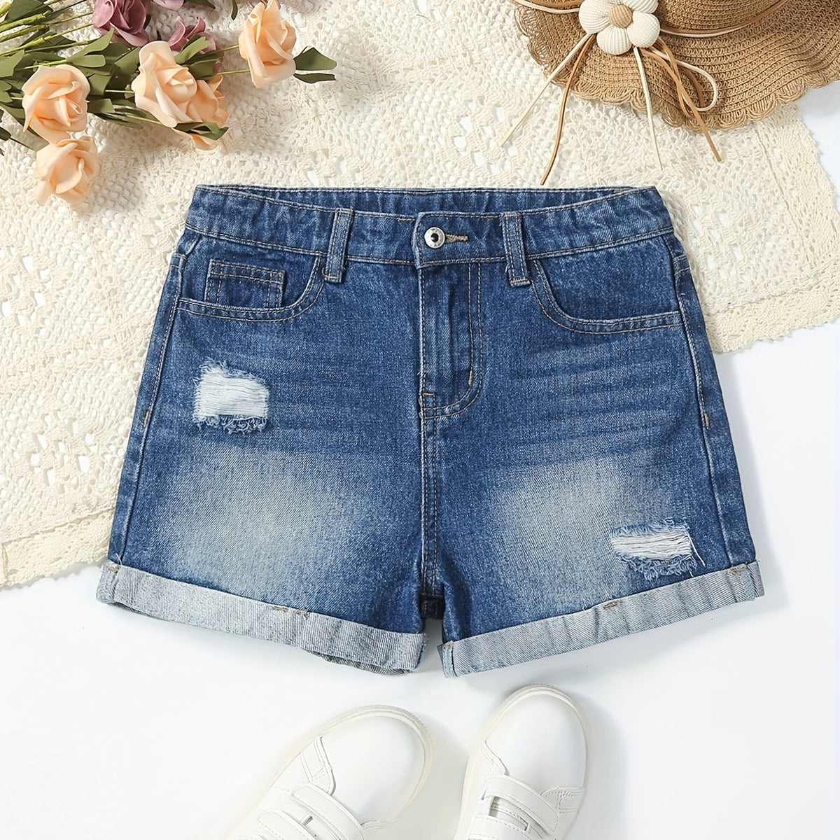 Girls' Ripped Roll Up Denim Shorts for Summer