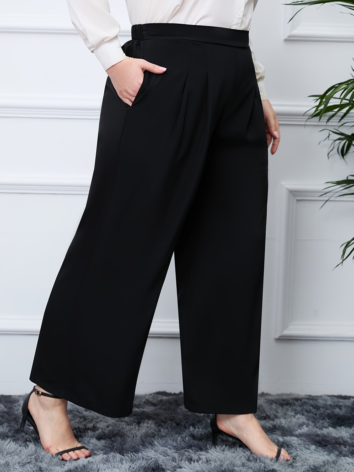  Plain High Rise Loose Fit Wide Leg Pants