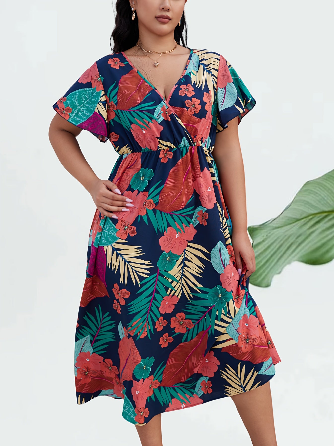  Tropical Print Flutter Sleeve Midi Dress