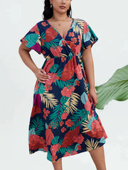  Tropical Print Flutter Sleeve Midi Dress