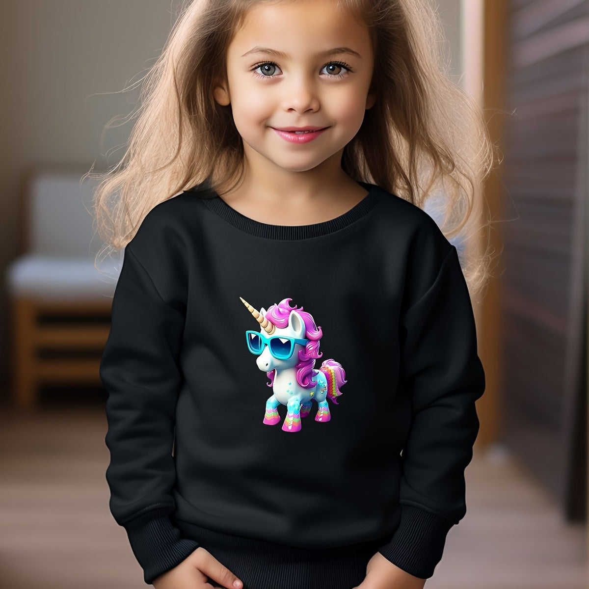 Girls Unicorn Pattern Crew Neck Long Sleeve Sweatshirt For Spring Fall