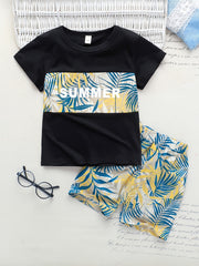 Boy Shorts Hawaiian Outfit Leaves Floral Shirt & Shorts Set
