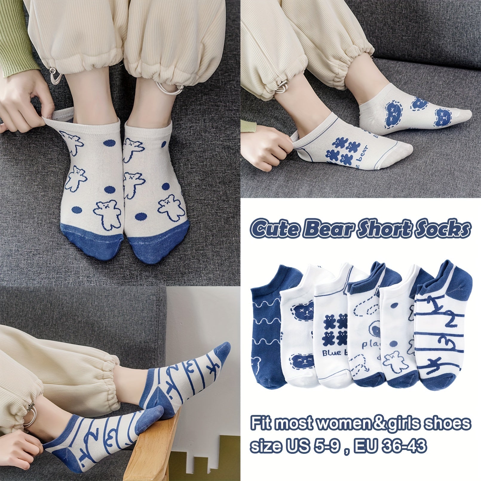 6 Pairs Bear & Bunny Print Short Socks & Ankle Socks Women's Stockings