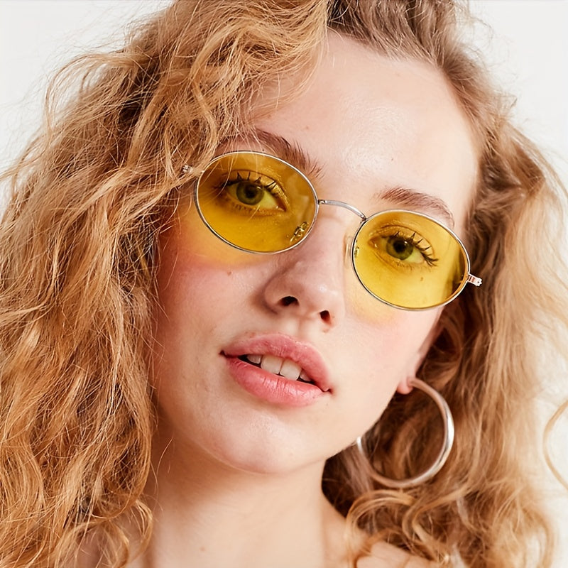 Classic Oval Metal Frame Sunglasses Punk Red Lens Sunshade Eyewear