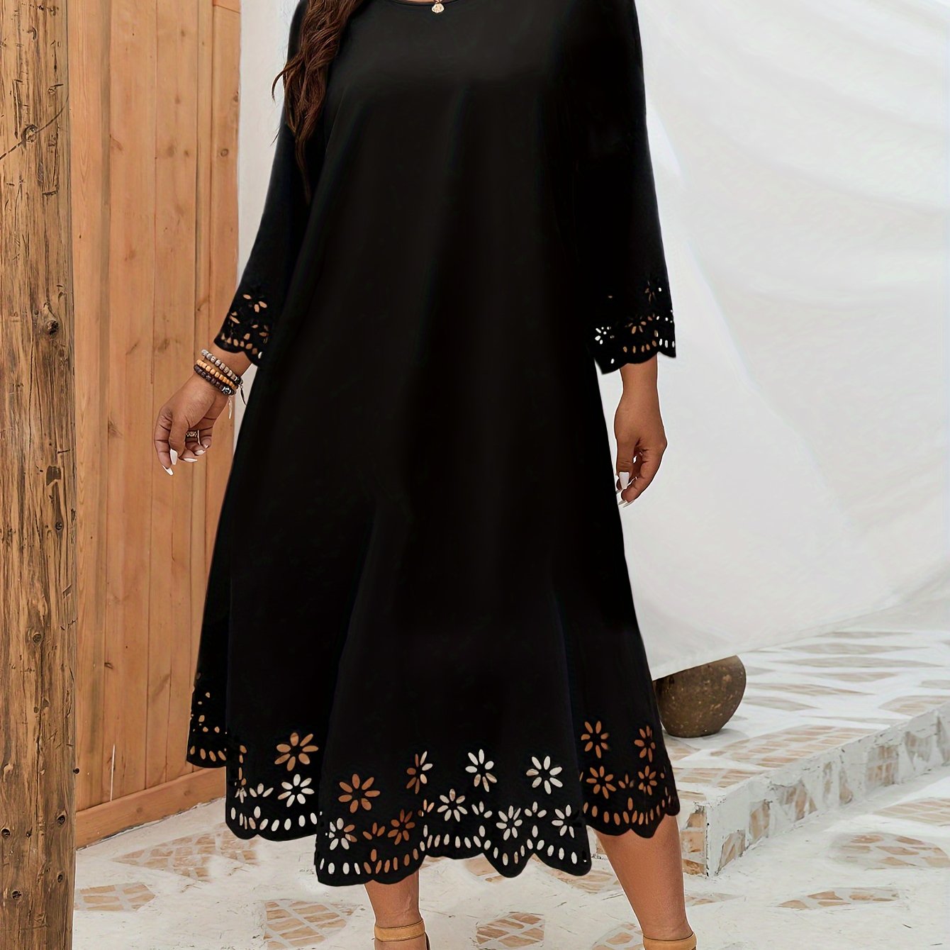  Casual Dress Women's Plus Solid Laser Cut Long Sleeve Dress