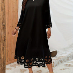  Casual Dress Women's Plus Solid Laser Cut Long Sleeve Dress