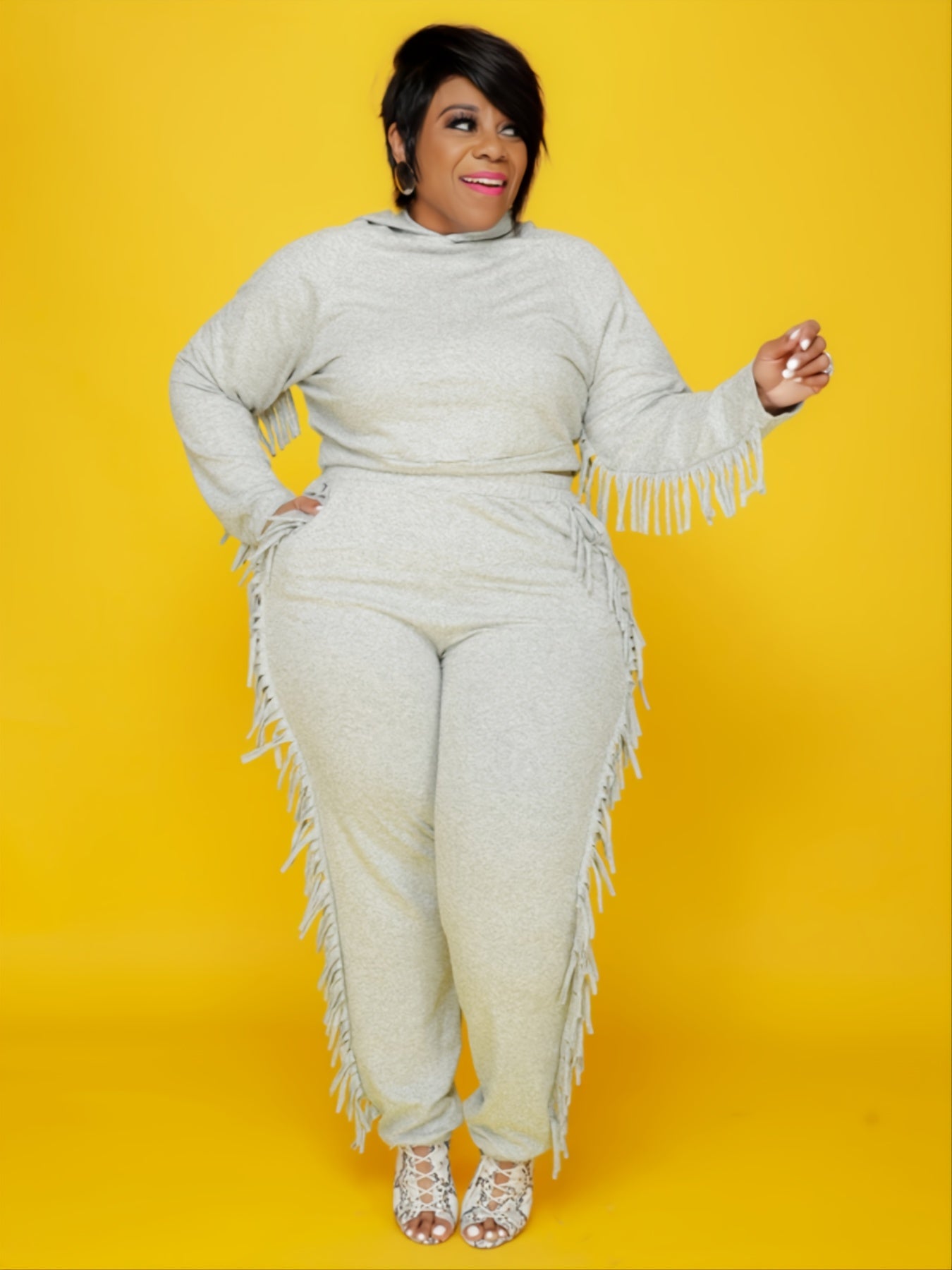 Fringe Trim Hoodie & Sweatpant Set Women's Co ords Two Pieces