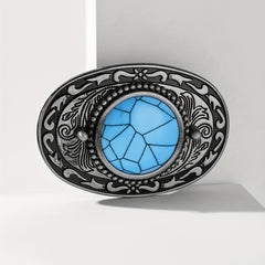 Boho Turquoise Oval Belt Buckle Vintage Carved Cowboy Cowgirl Belt Buckle