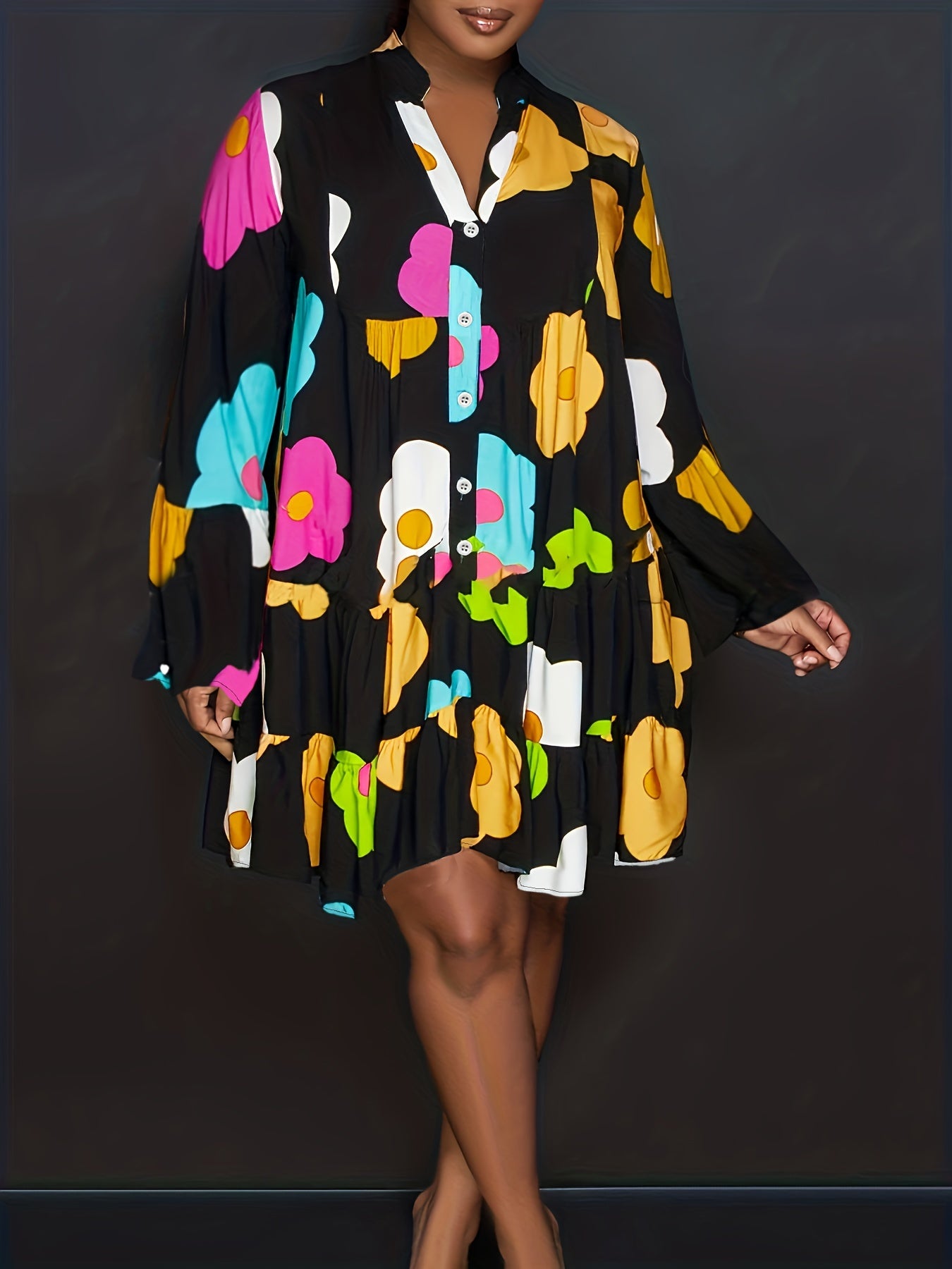 Women's Plus Floral Print Bell Sleeve Button Up V Neck Smock Dress
