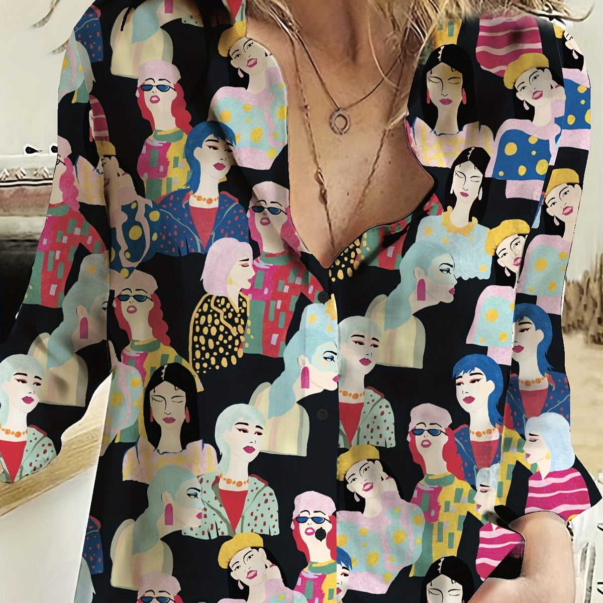  Figure Print Button Up Long Sleeve Blouse