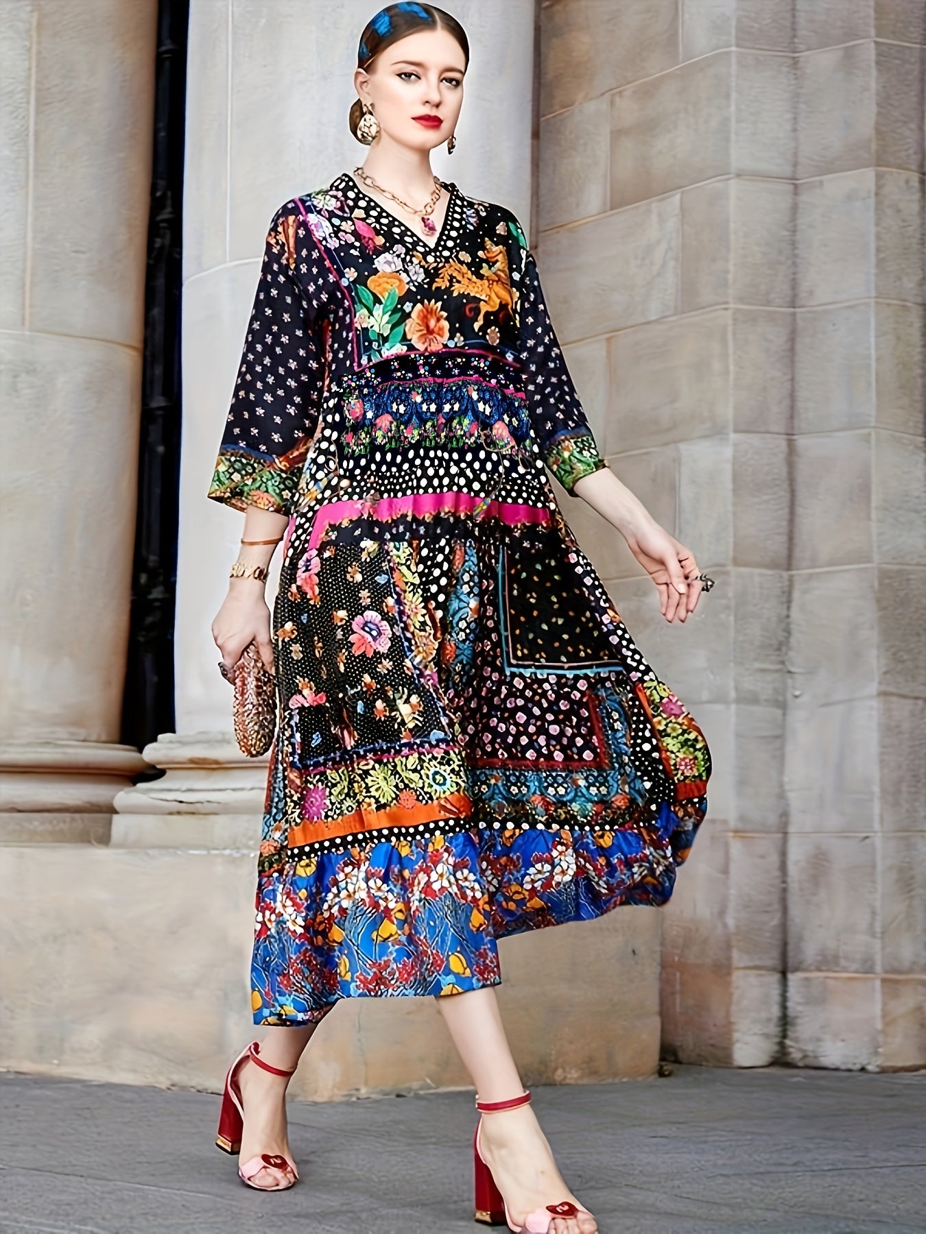  Boho Dress Womens Printed V Neck Midi Dress
