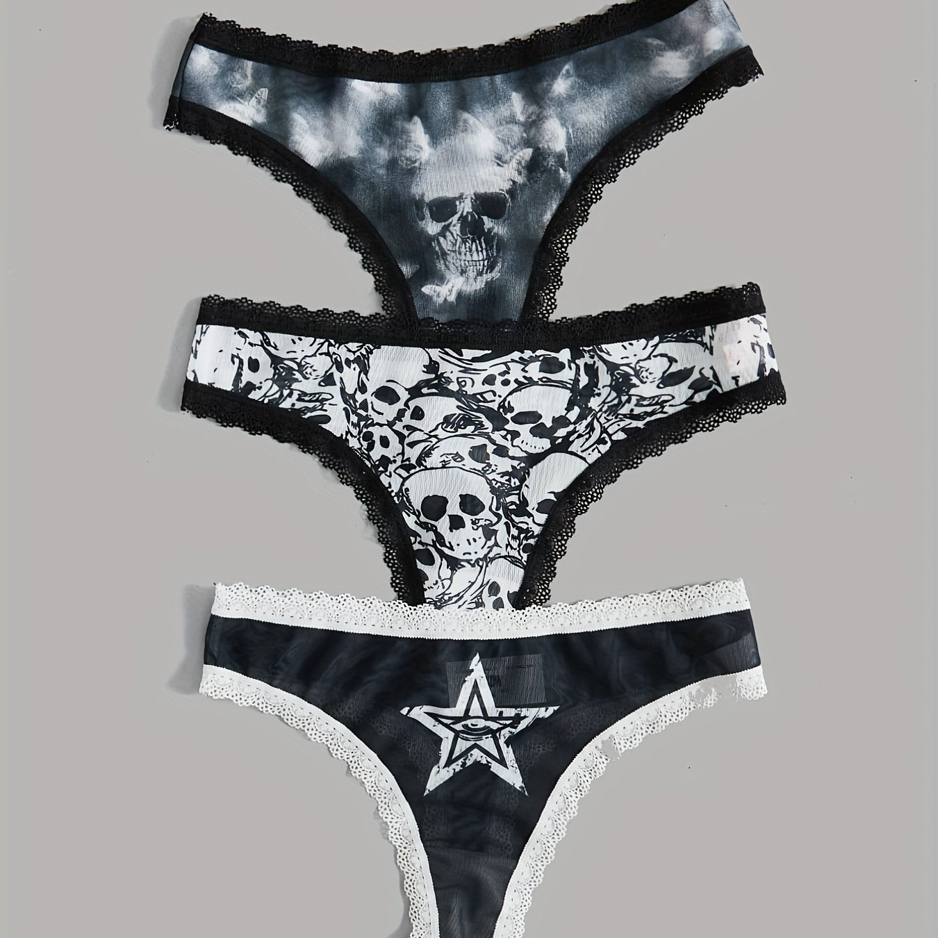 3pcs Skull Pattern Thongs with Lace Trim for Women
