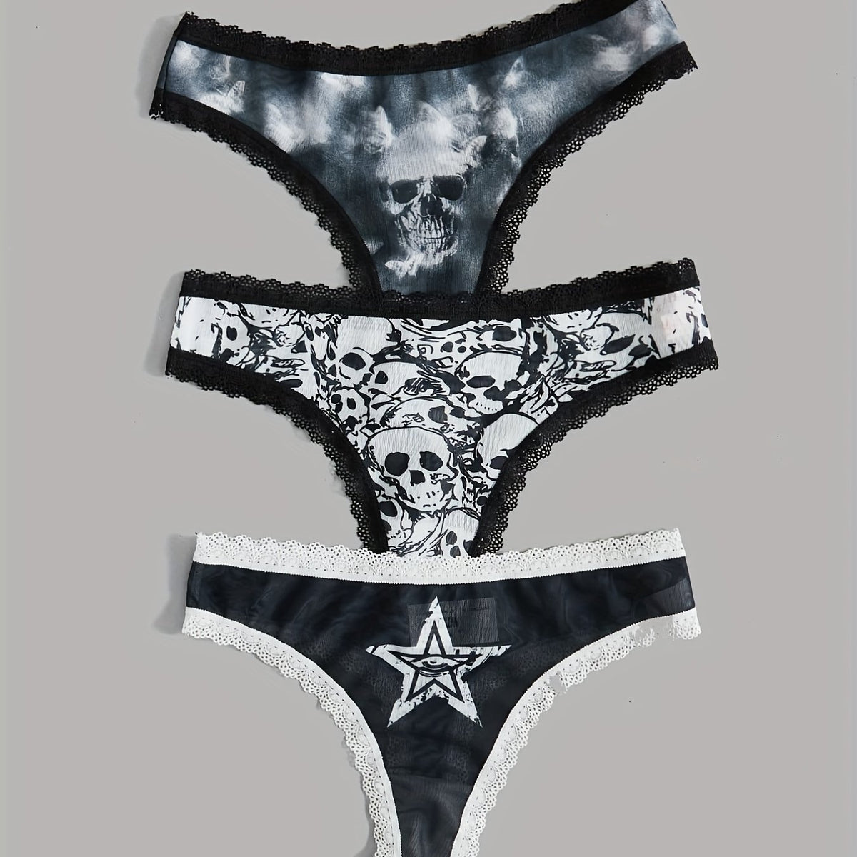 3pcs Skull Pattern Thongs with Lace Trim for Women
