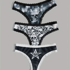 3pcs Skull Pattern Thongs with Lace Trim for Women