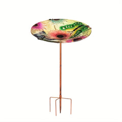 Glass Bird Bath Feeder with Stake for Garden Decor