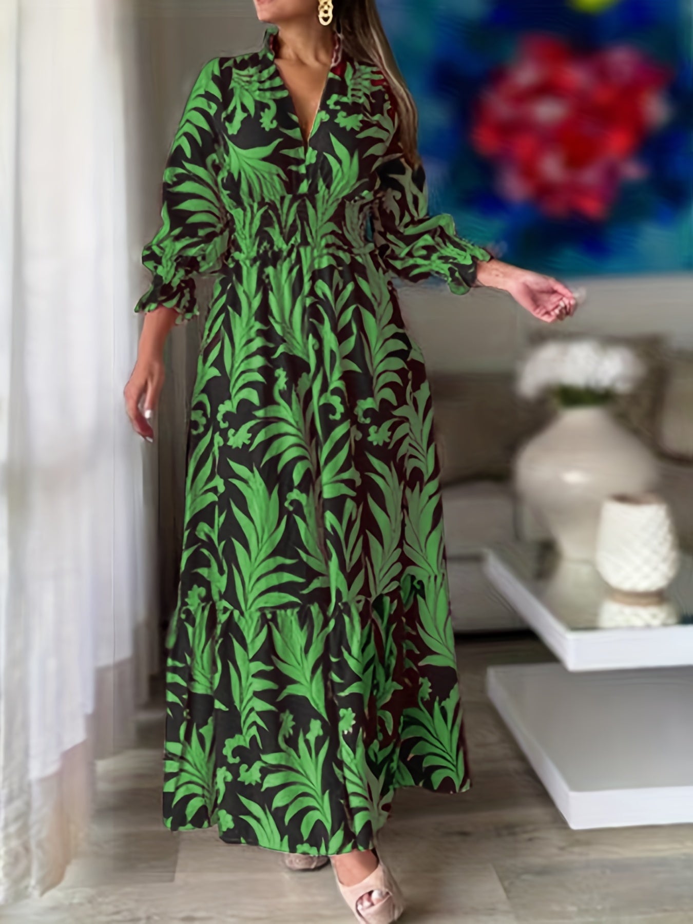 Floral Print Shirred Waist Dress Casual V Neck Long Sleeve