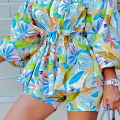  Leaf Print Off Shoulder Top & Shorts Set With Belt