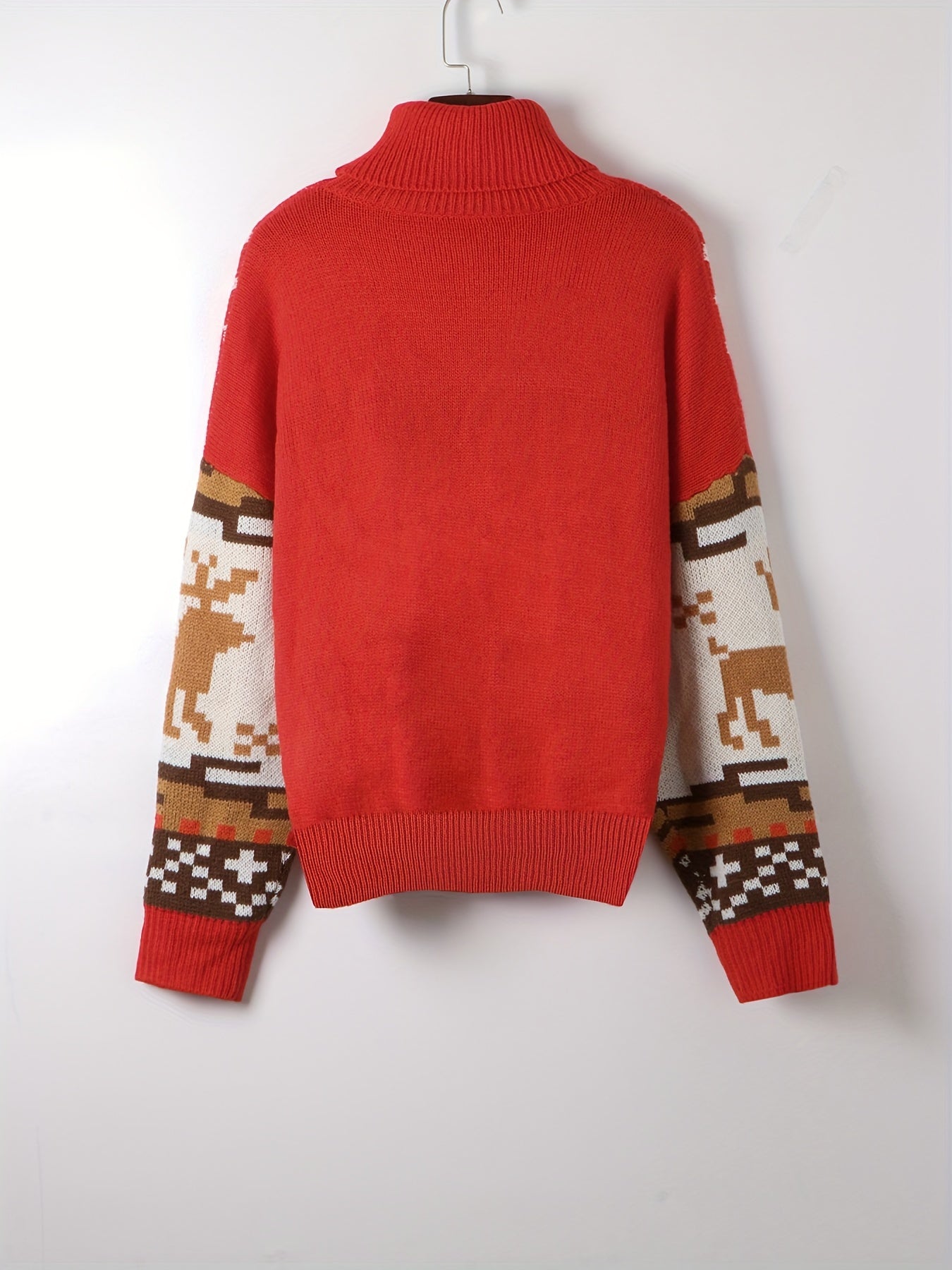  Christmas Sweater Colorblock Graphic Print High Neck Jumper