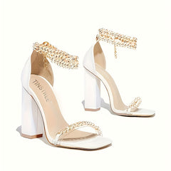 Women's Rhinestone Chain High Heels Ankle Strap Block Sandals
