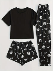  Moon Print Pajama Set Short Sleeve T-shirt & Shorts & Pants