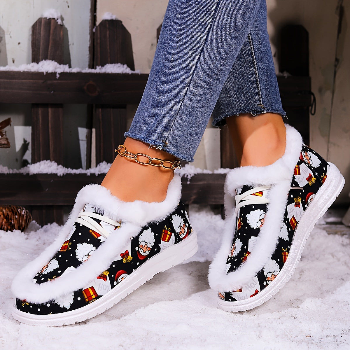 Women's Winter Christmas Style Snow Boots with Santa & Gift Motifs