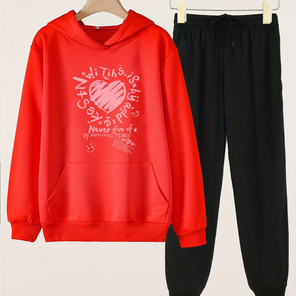 Graffiti Heart Print Hooded Outfit for Girls - Hoodie & Pants Set